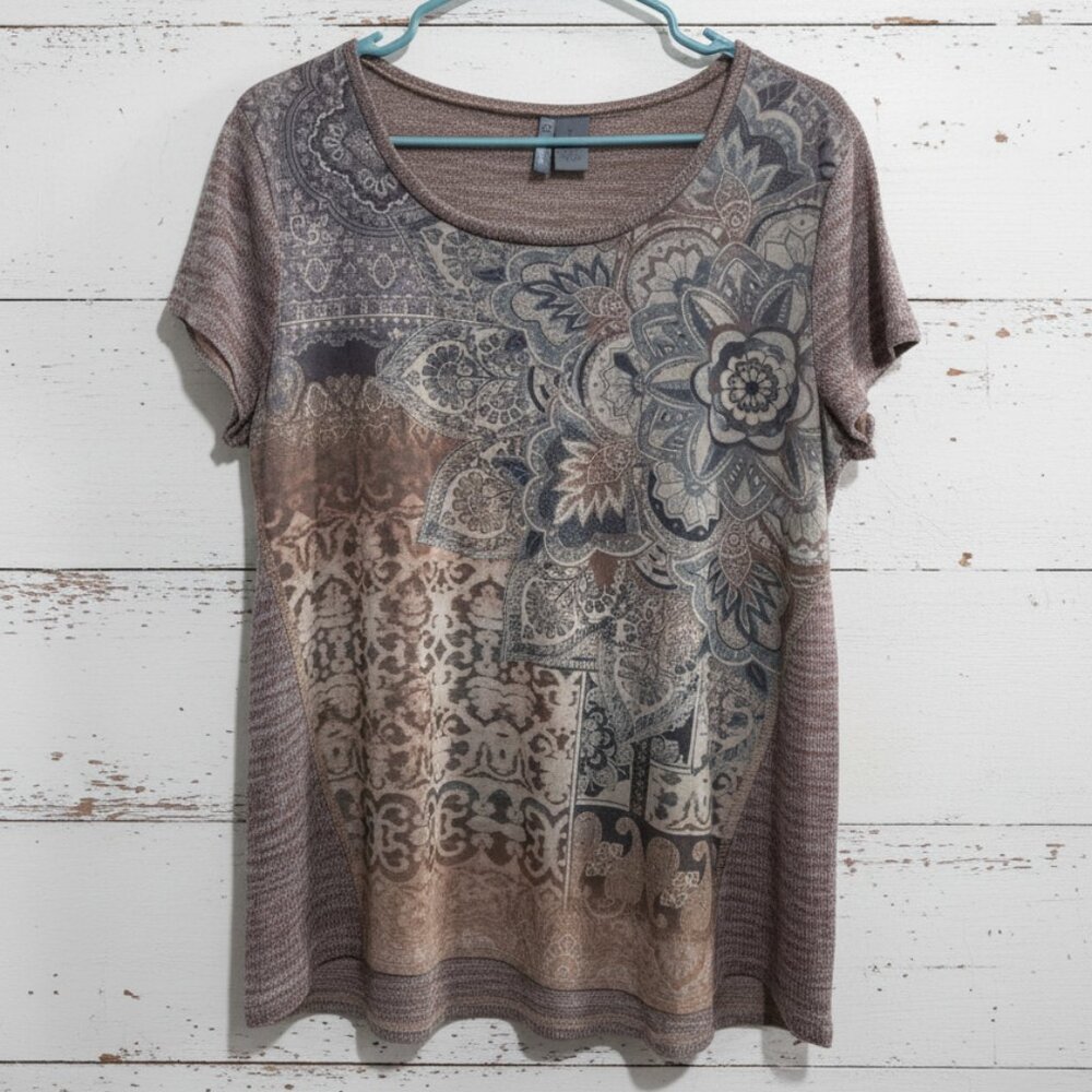 New Directions Large Gray/Brown Short Sleeve Top